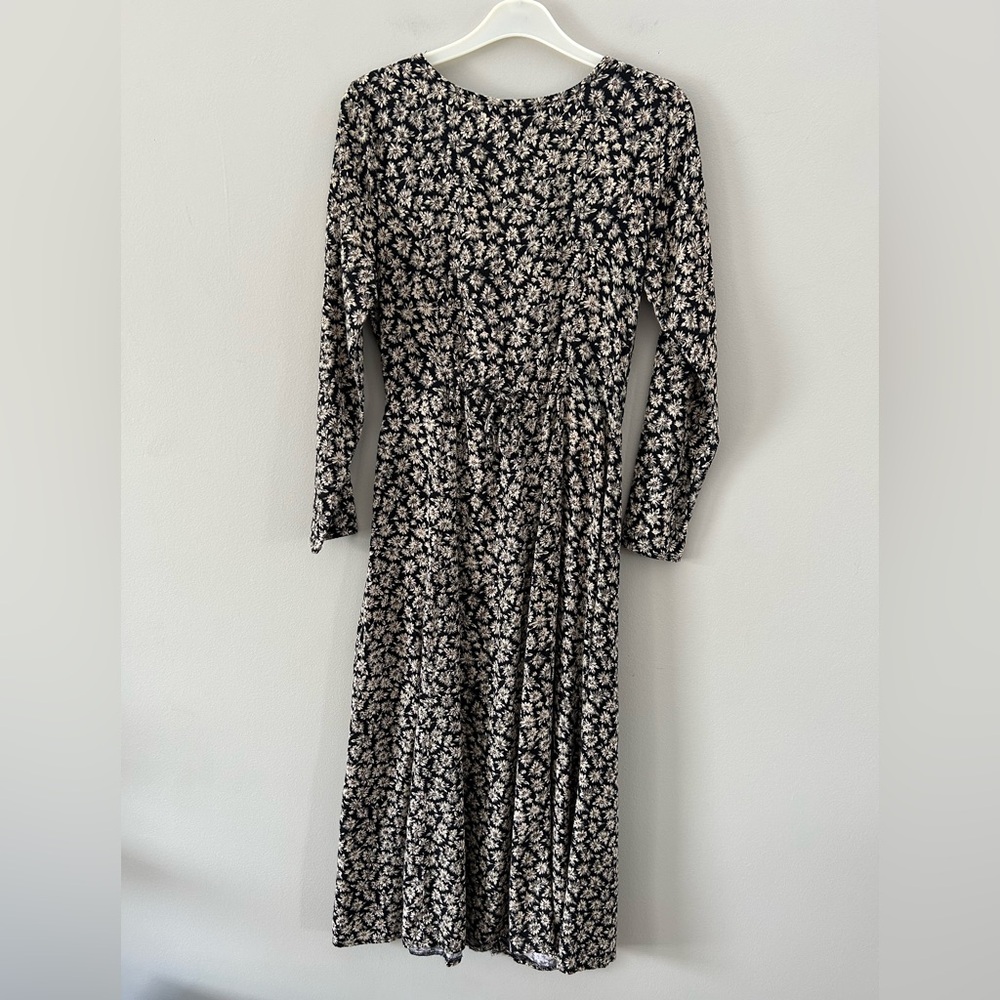 Vintage Floral Daisy Black Tan Tailored V-neck Button Front Long Sleeve Dress - Picture 3 of 7